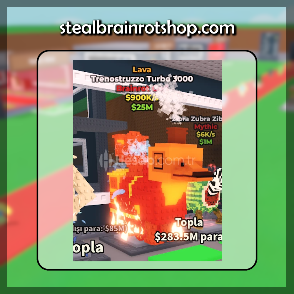 The Brainrot God Trenostruzzo Turbo 3000 Lava variant in the popular ROBLOX game Steal A Brainrot. Sold by the #1 Steal A Brainrot Shop stealbrainrotshop.com!